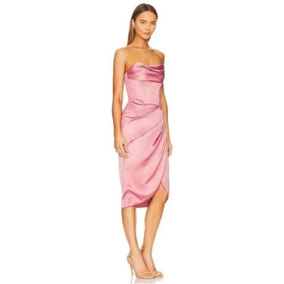 NWOT Bardot | Jamila Strapless Corset Dusty Pink Bodycon Cowl Neck Midi Dress XL - Picture 2 of 8